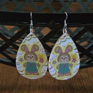 Hand Crafted Bunny Teardrop Earrings in Brown, Pink, Yellow, Green